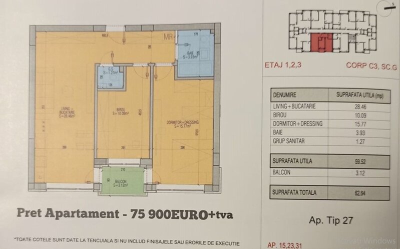 Popesti Leordeni, str. Leordeni, ap. 3 cam., 2 bai, proiect nou, semicentral,